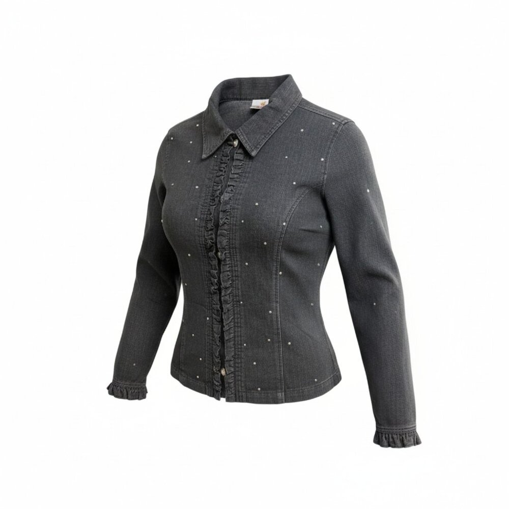 Quacker Factory Jeanne Black Denim Rhinestone Ruffle Jacket